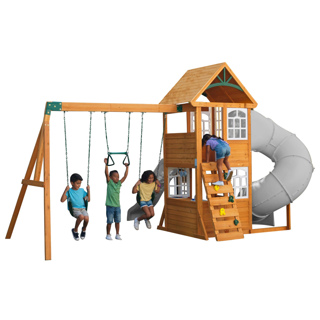 KidKraft Sterling Falls Wooden Swing Set/Playset with Clubhouse, Mailbox, Slide and Play Kitchen