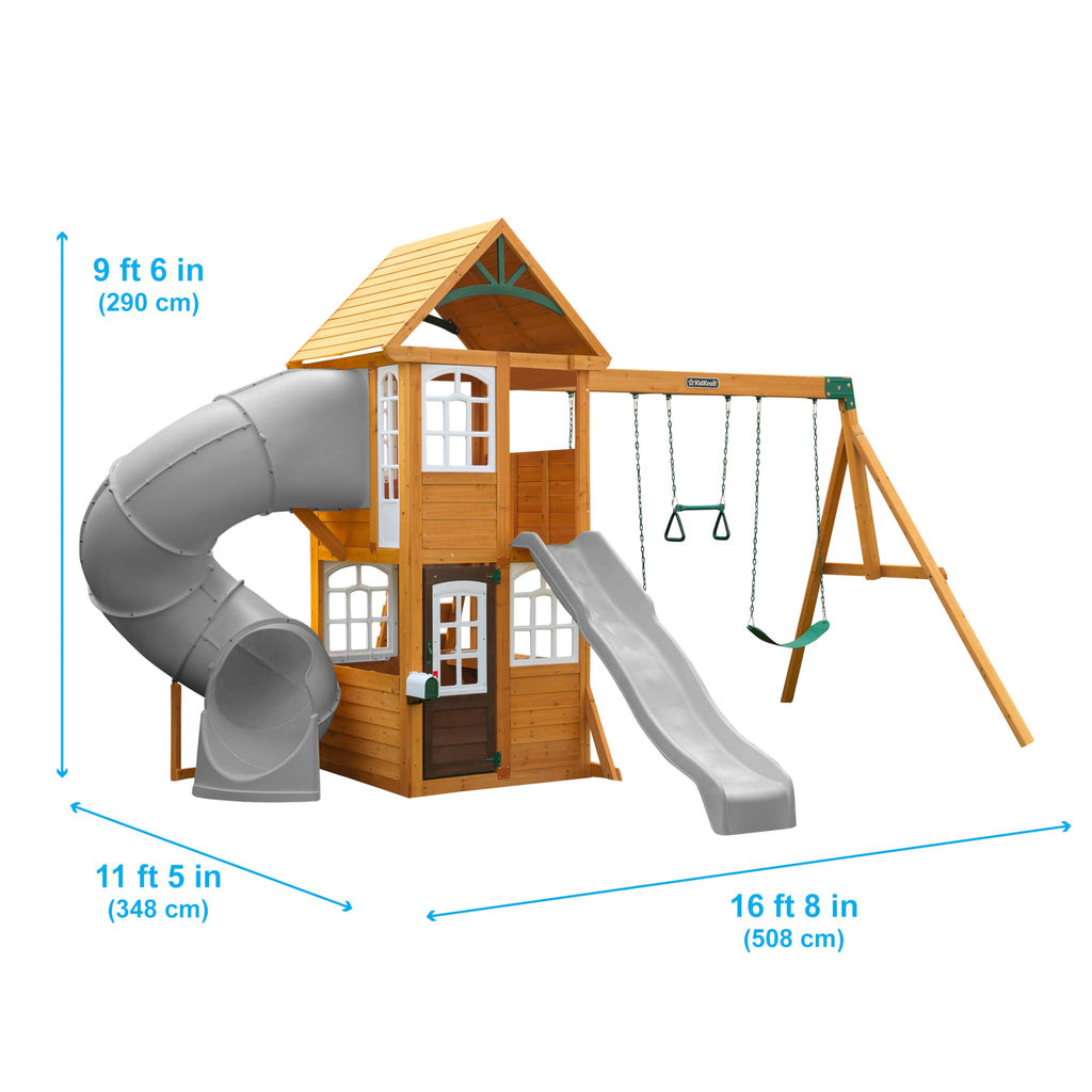 KidKraft Sterling Falls Wooden Swing Set/Playset with Clubhouse, Mailbox, Slide and Play Kitchen