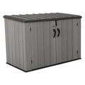 LIFETIME Horizontal Outdoor Storage Shed, Weather Resistant Resin Storage Can Fit Two Large Garbage Cans, Lockable Doors, Spring‑Hinge Lid, Low‑Maintenance Backyard Utility Shed