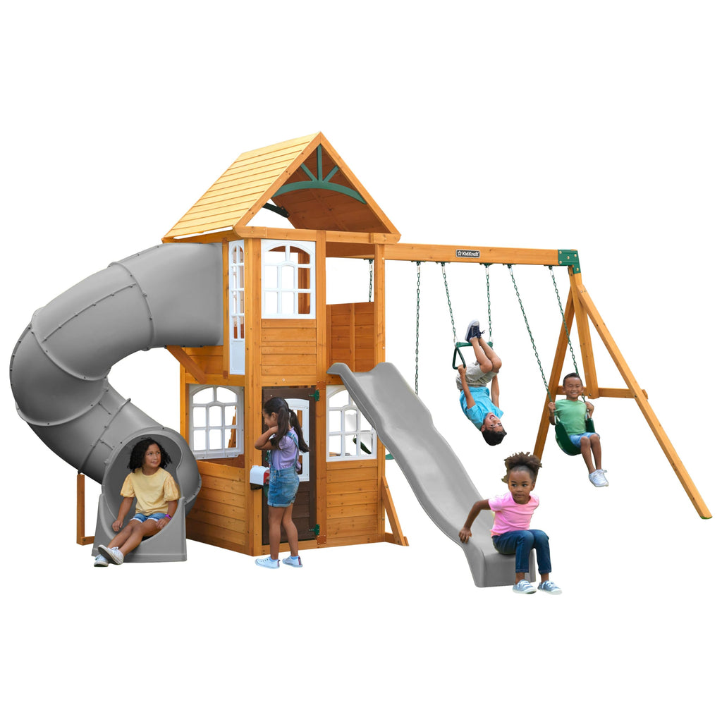 KidKraft Sterling Falls Wooden Swing Set/Playset with Clubhouse, Mailbox, Slide and Play Kitchen