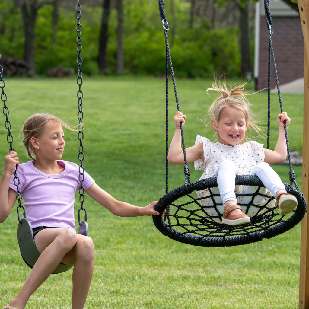 Backyard Discovery Rosewood Falls Cedar Wood Swing Set with Monkey Bars, Clubhouse, Crow's Nest, Play Kitchen, Wave Slide, Rock Wall, Belt Swings, Web Swing, Half Door, Chalkboard, Outdoor Playset