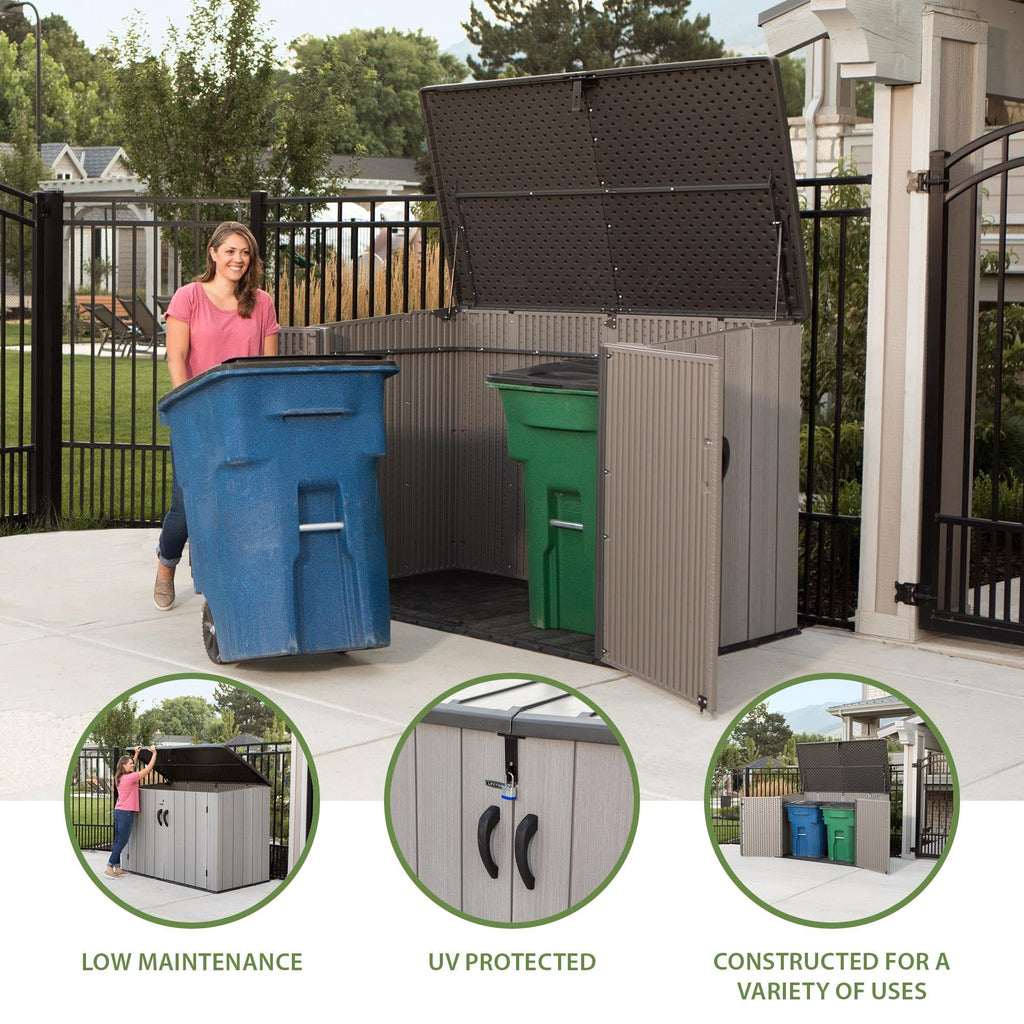 LIFETIME Horizontal Outdoor Storage Shed, Weather Resistant Resin Storage Can Fit Two Large Garbage Cans, Lockable Doors, Spring‑Hinge Lid, Low‑Maintenance Backyard Utility Shed