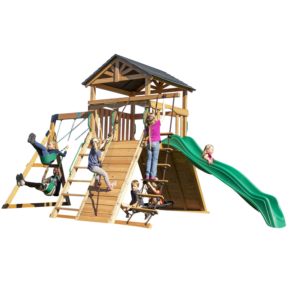 Backyard Discovery Endeavor All Cedar Wood Swing Set Playset for Backyard with Large Clubhouse Wave Slide Rope Ladder Rock Climbing Wall Wave Slide 2 Belt Swings and 1 Web Swing Gift for Ages 3-10