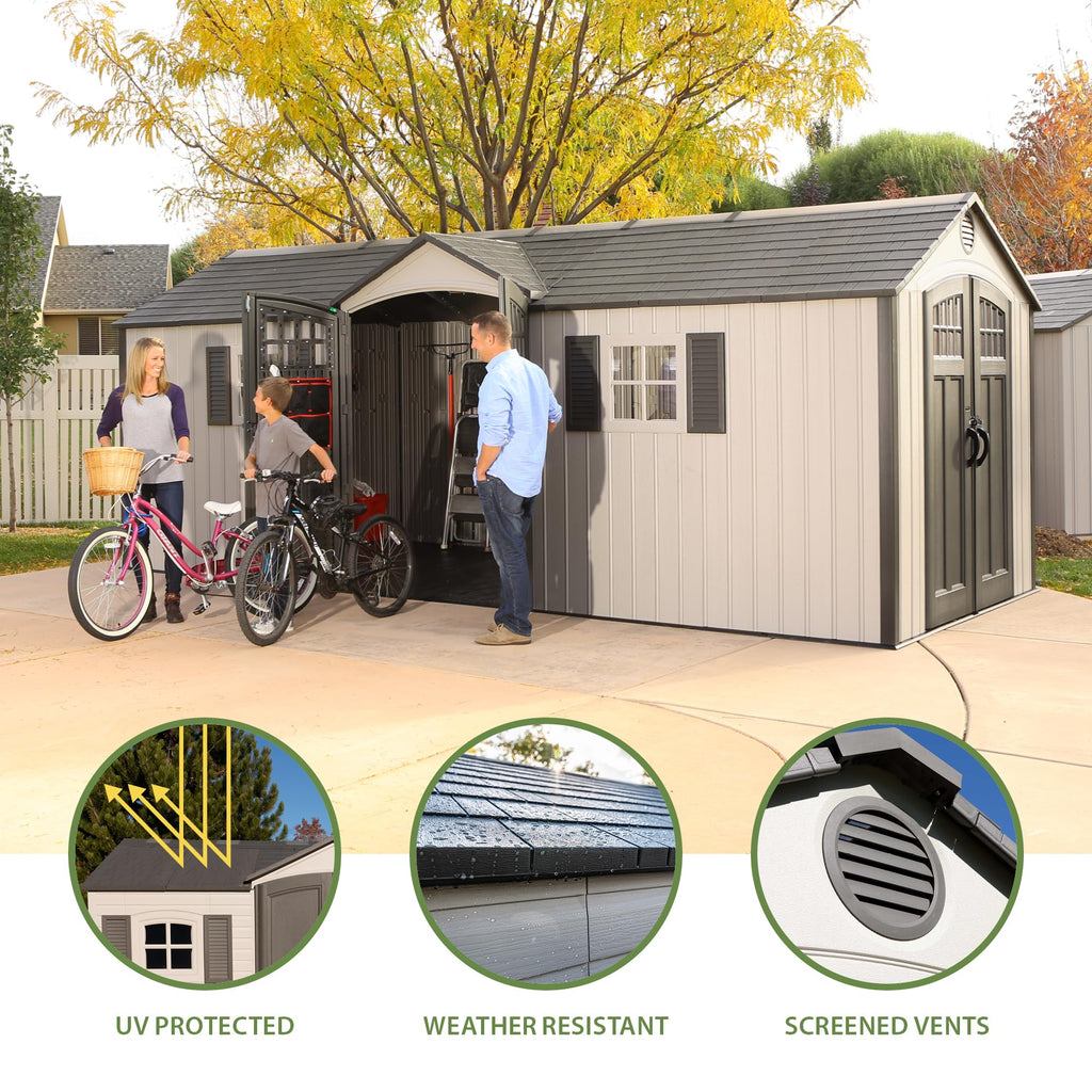 Lifetime 20 x 8 Ft. Outdoor Storage Shed with Steel Reinforced HDPE Walls, Lockable Doors, Windows, Skylights, Adjustable Shelving, Slip‑Resistant Floor, UV‑Protected Backyard Shed