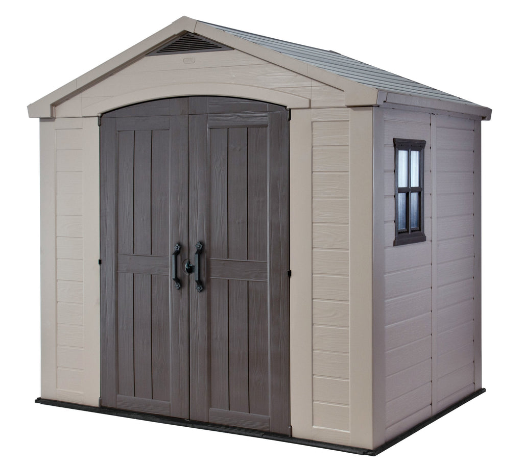 Keter Factor (8x6 ft) Large Resin Outdoor Storage Shed for Patio Furniture, Lawn Mower, Garden Accessories Yard Tools, and Pool Toys, Taupe