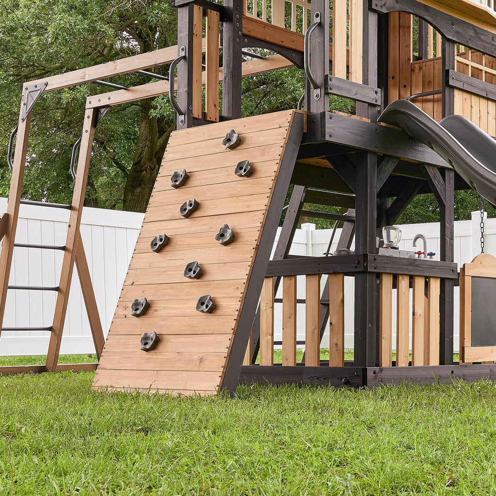 Backyard Discovery Rosewood Falls Cedar Wood Swing Set with Monkey Bars, Clubhouse, Crow's Nest, Play Kitchen, Wave Slide, Rock Wall, Belt Swings, Web Swing, Half Door, Chalkboard, Outdoor Playset