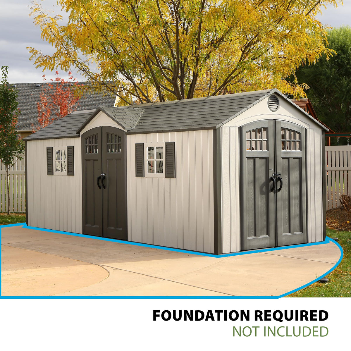 Lifetime 20 x 8 Ft. Outdoor Storage Shed with Steel Reinforced HDPE Walls, Lockable Doors, Windows, Skylights, Adjustable Shelving, Slip‑Resistant Floor, UV‑Protected Backyard Shed
