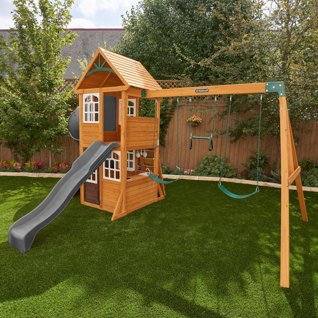 KidKraft Sterling Falls Wooden Swing Set/Playset with Clubhouse, Mailbox, Slide and Play Kitchen