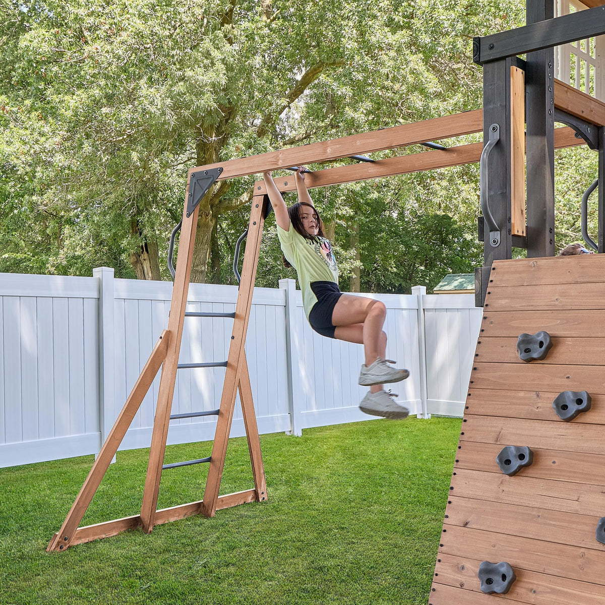 Backyard Discovery Rosewood Falls Cedar Wood Swing Set with Monkey Bars, Clubhouse, Crow's Nest, Play Kitchen, Wave Slide, Rock Wall, Belt Swings, Web Swing, Half Door, Chalkboard, Outdoor Playset